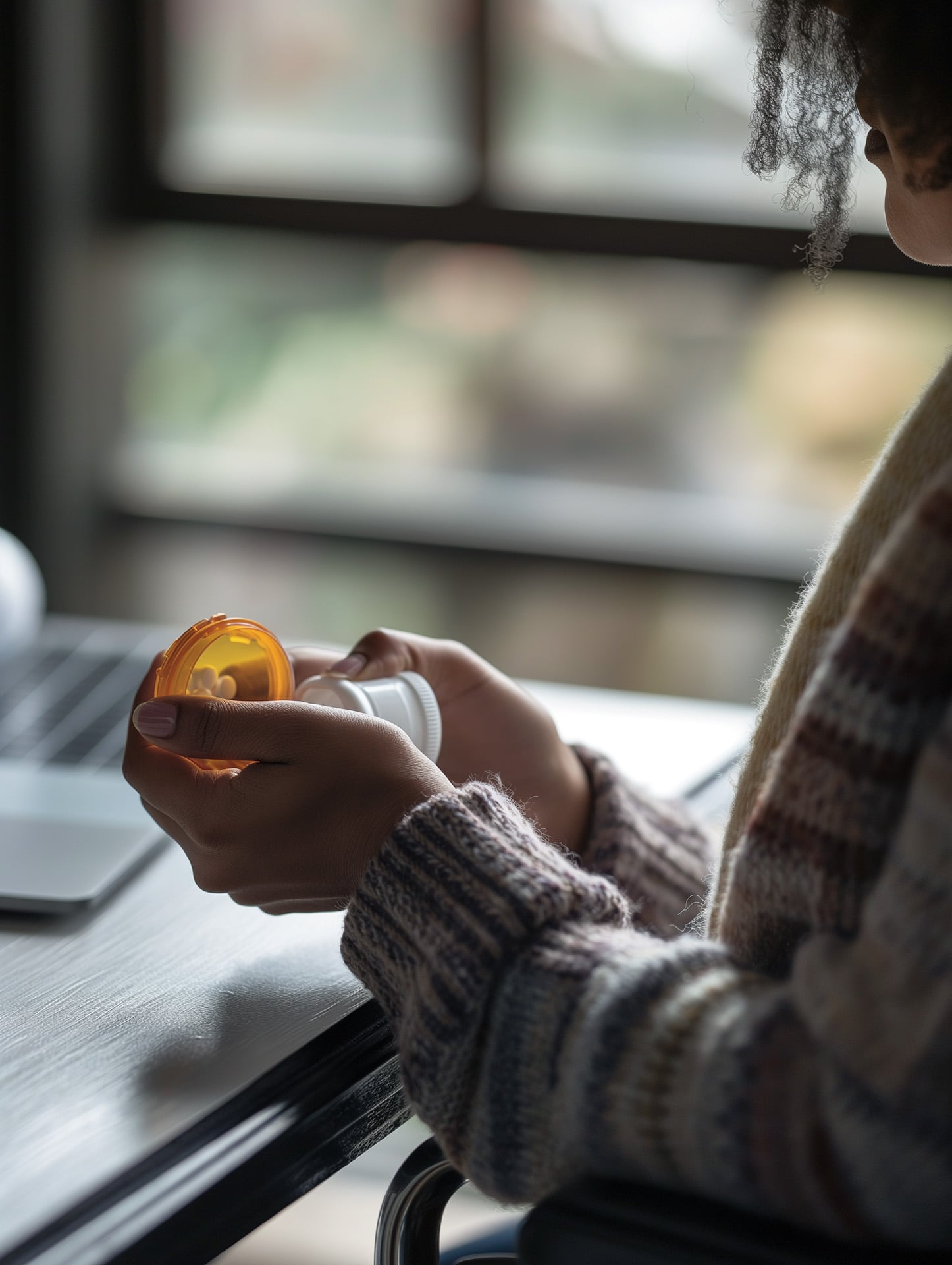 A sideview of a person sitting at a table with a laptop at a distance, while titling an open bottle of medications into their other hand to portion out their medications