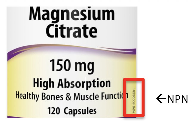 A bottle of magnesium citrate 150 mg high absorption healthy bones & muscle function capsules. The NPN label is pointed to by an arrow 