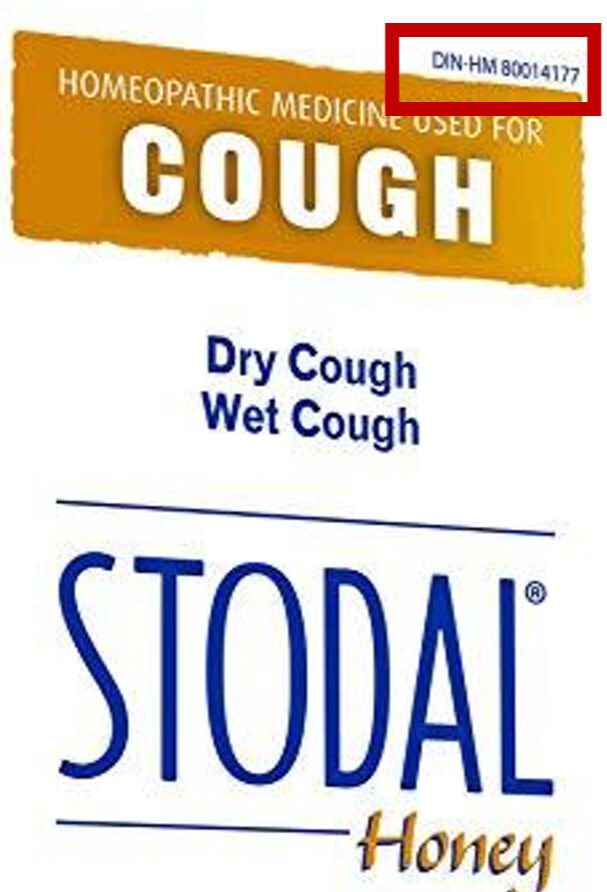 A Stodal dry and wet honey cough syrup label, with the DIN-HM label being highlighted by a red rectangular outline.